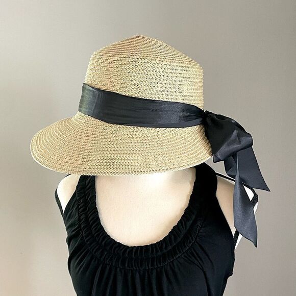 NWOT! Tan Floppy Hat With Black Bow. Size Measurements in description. - Picture 1 of 6